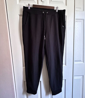 DKNY Sport Black Textured Ribbed Knit Jogger Lounge Pants w Pockets Womens Large